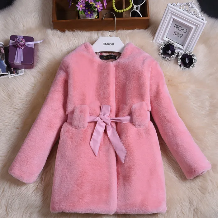 Furry 2018 Baby Girls Rabbit Fur Children's Coat Faux Medium-long Style Long Sleeve O-neck Kids Warm Windbreaker XL401 | Детская