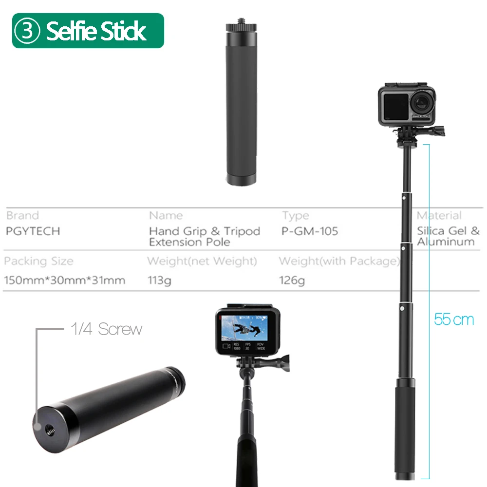 PGYTECH DJI Osmo экшн-штатив селфи палка 1/4 крепление рукоятка Штатив для GoPro Hero 7 6 5 Insta360 one X карманные аксессуары