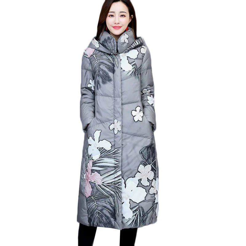 Winter Long Jacket Coat Women Parkas Thicken Warm Vintage Print Down Cotton Jacket Large Size Hooded Outerwear Female Basic Coat