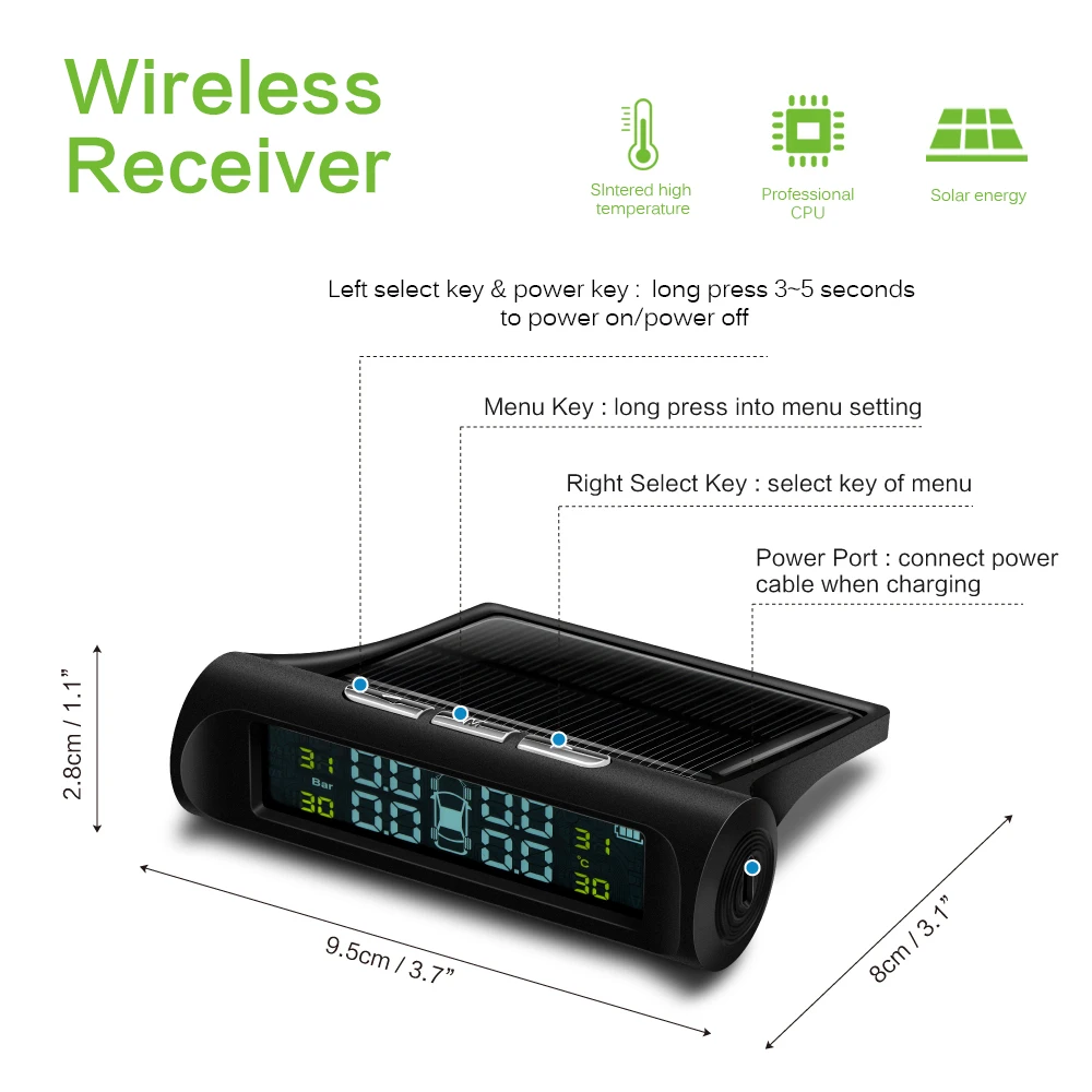Smart Car TPMS Tyre Pressure Monitoring System Solar Power charging Digital LCD Display Auto Security Alarm Systems Wireless | Автомобили