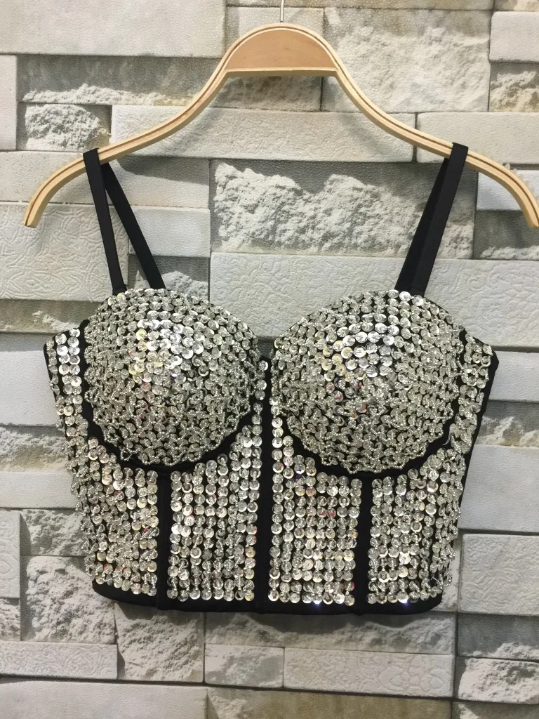 

New Fashion Good Quality Hand-made Diamonds Pearls Bustier Bra Women Sexy Night Club Cropped Top Wedding Bralette Halter Top A17