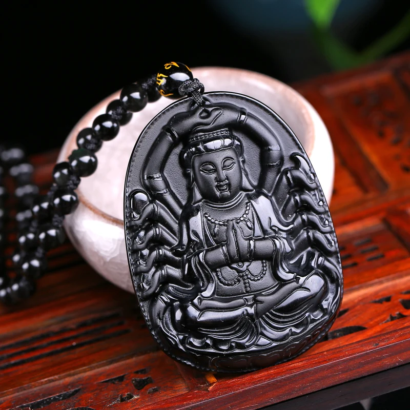 Натуральный камень кварц кристалл черный обсидиан ручной работы Avalokitesvara бусы
