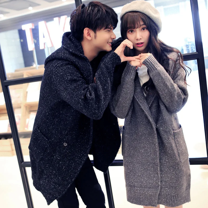 Men Women Long Sweater Coat Winter His-and-her Clothing Couple Knitted Cardigan Down Fashion Korean Warm Windbreaker Jacket |