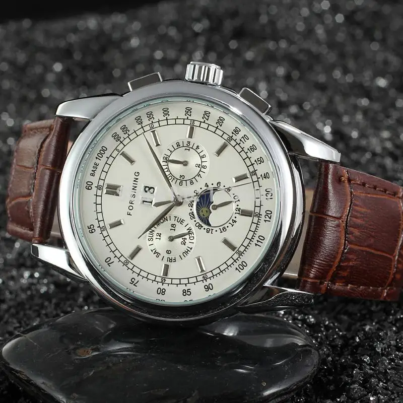Forsining мужские часы автоматический деловые отношения с Лунной фазой ремешок из