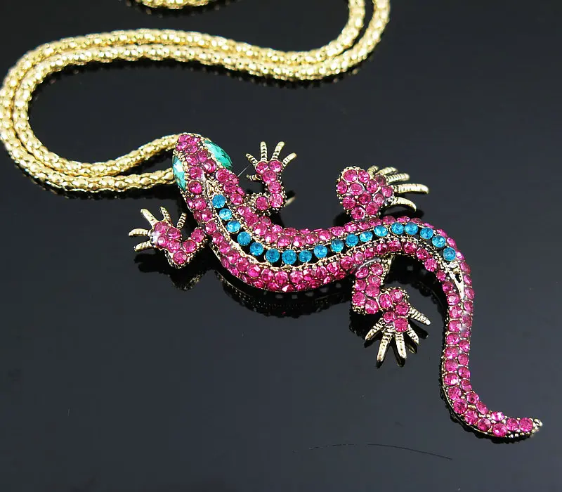 Массивное ожерелье Gecko Ящерица с кристаллом длинная цепочка под свитер кулон