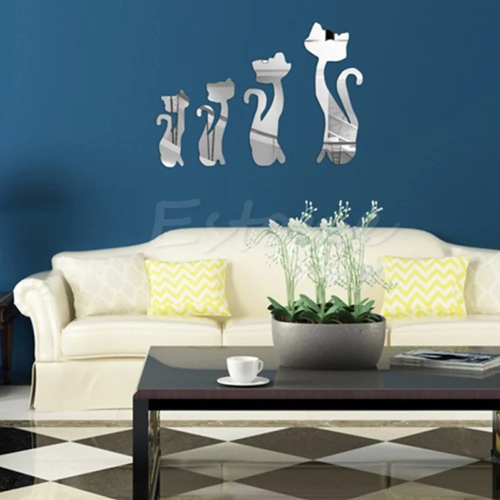 4 шт. милые кошки 3D акриловые зеркальные настенные наклейки домашняя роспись DIY