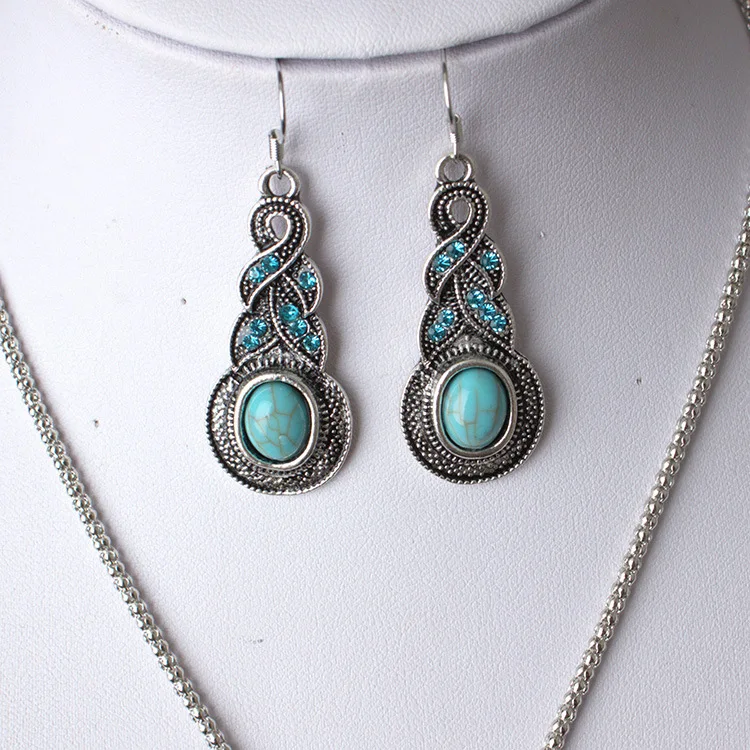 Eleple Vintage Drops Set Retro Pattern Green Stone Jewelry Turquoisa Necklace Earrings for Women Supplier C9A38 | Украшения и