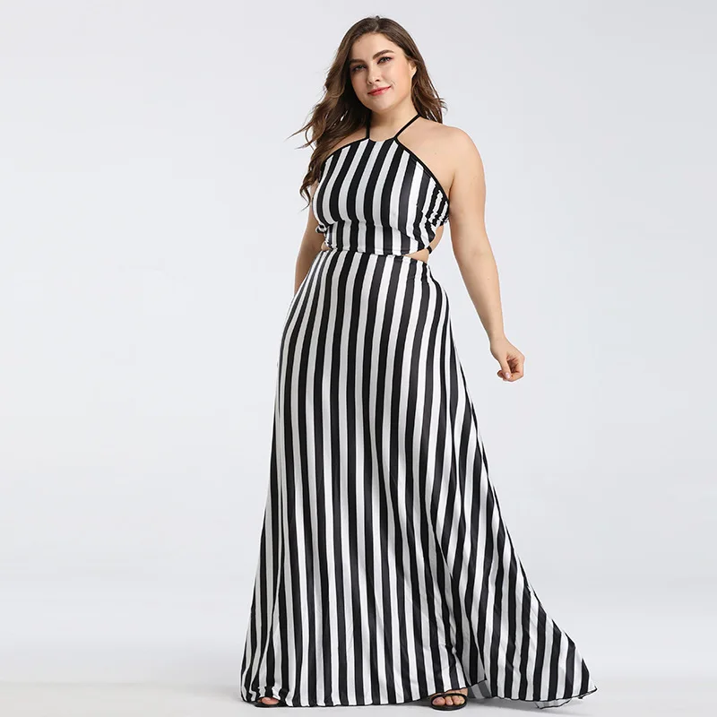 

Sexy Backless Dress for Women Halter Summer Dress Long Maxi Dress Vestidos Cross Back Stripe Evening Party Dress Tie Large Size