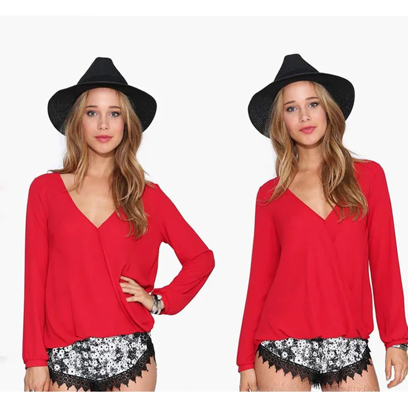 Женские блузки и рубашки с v-образным вырезом Повседневная однотонная шифоновая