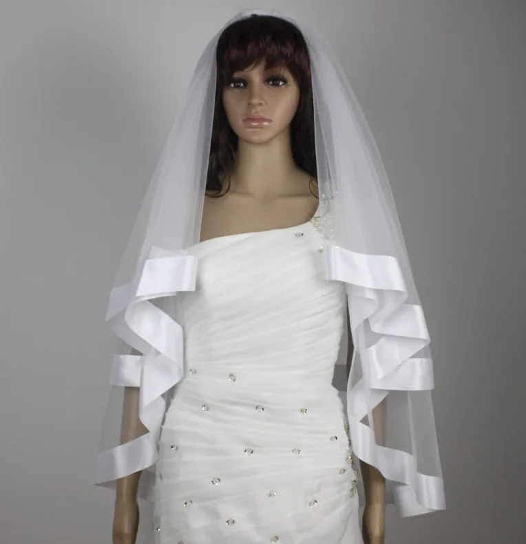 

2-layer wide ribbon veil bride wedding vails fingertip length ivory/white veils &comb short veil 60x90cm