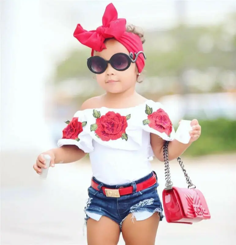 

2019 New Fashion Baby Girls Rose off lshoulder white T-shirt 3D Flower Tops +Denim hole shorts Toddler Kids Outfits Clothes