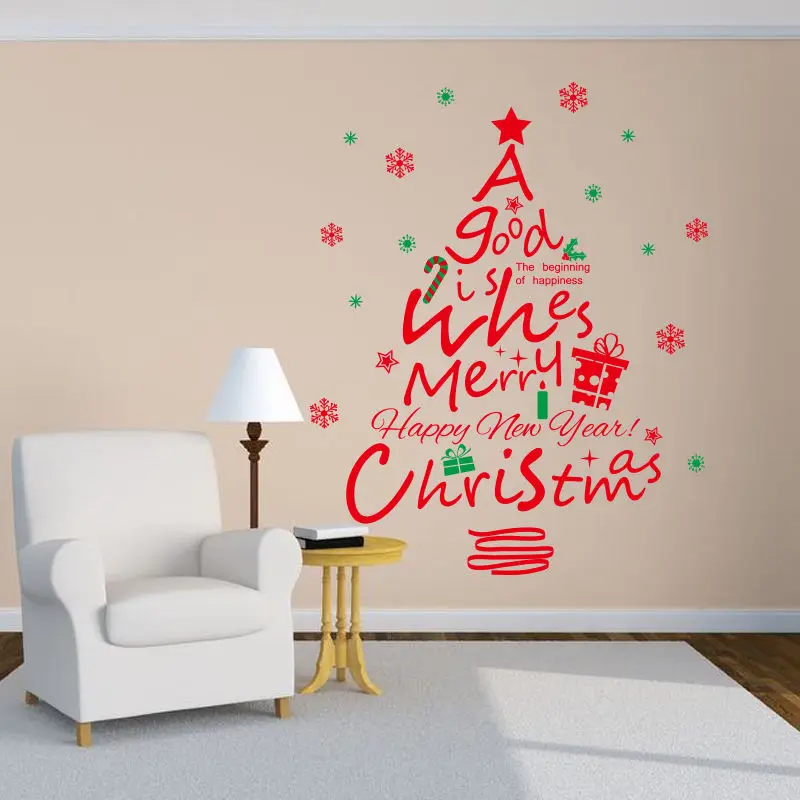 Red Christmas Tree Vinyl Wall Stickers Mural Removable Decal Shop Window Decor DIY Self-adhesive Wallpaper SA930 | Дом и сад