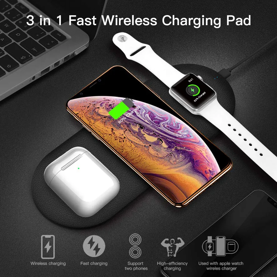 Беспроводное зарядное устройство 3 в 1 QI для Apple Watch 5 2 4 серии AirPods iPhone X 8 Plus XS 11 Max XR