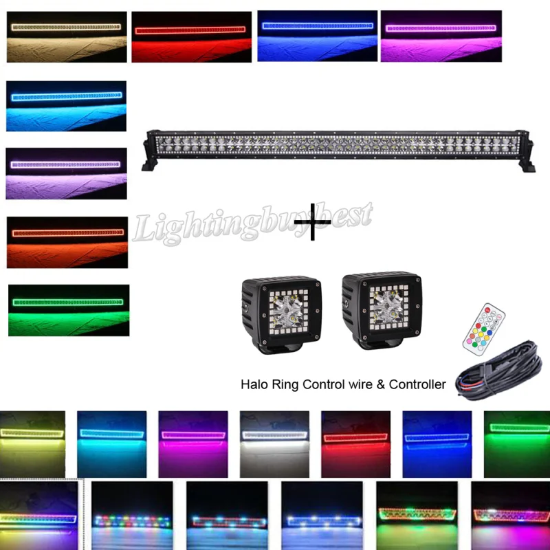 

42" 240W Led light Offroad bar Spot Flood Combo beam + 2x 3inch Cube Pods with RGB halo Ring Multi-color Change Chasing Remote