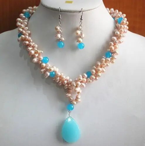 

Wholesale fresh water pearl mixed blue jadestone necklace and earring set