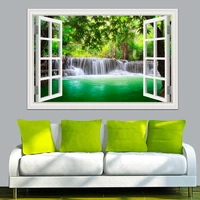 3d window view green wall decal sticker home decor living room nature landscape waterfall mural wallpaper wall art