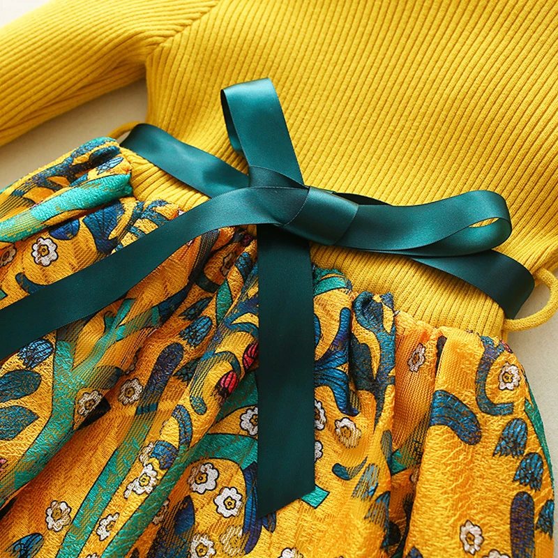 Зимнее платье с цветочным рисунком для девочек весенне-осенний свитер принцессы