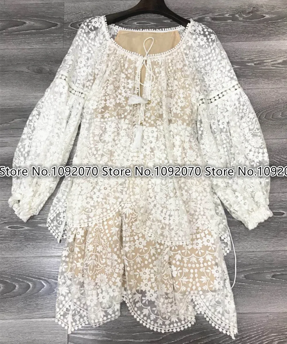 Women White Floral Embroidery Silk Gossamer Scallop Short Dress Flowers Embroidered Round Neck Tied Tassels Ball Mini | Женская одежда