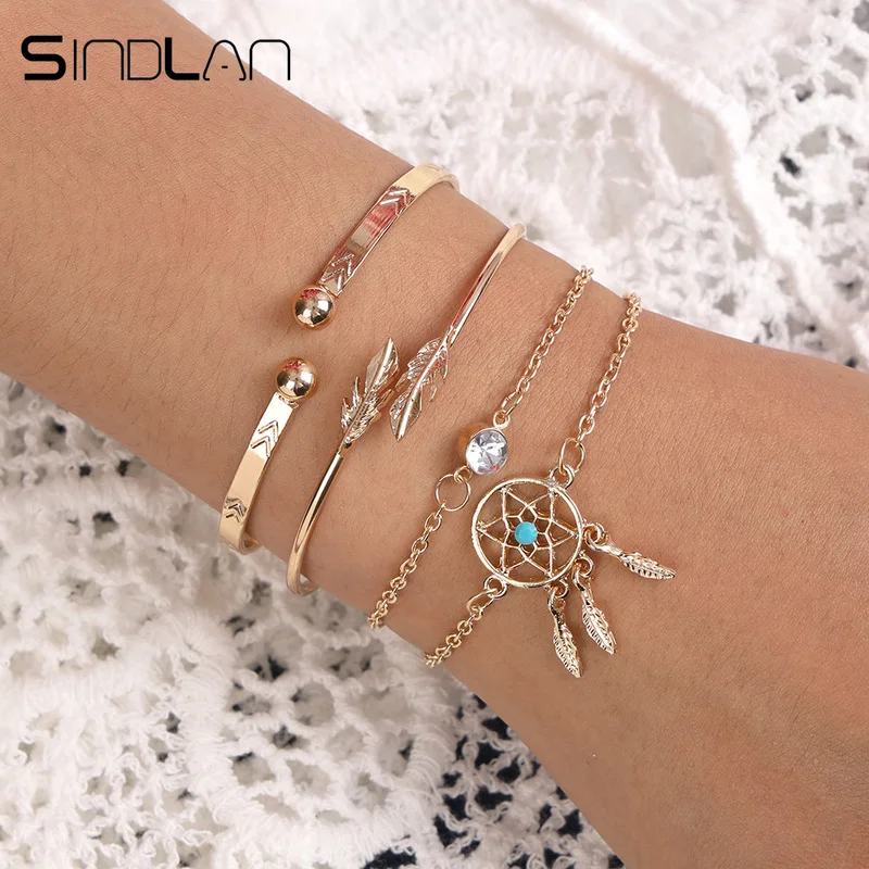 Sindlan 4 шт. золотые Толстые браслеты в виде перьев Набор браслетов Boho Dreamcatcher очаровательные браслеты для женщин наручные браслеты Femme ювелирные изделия