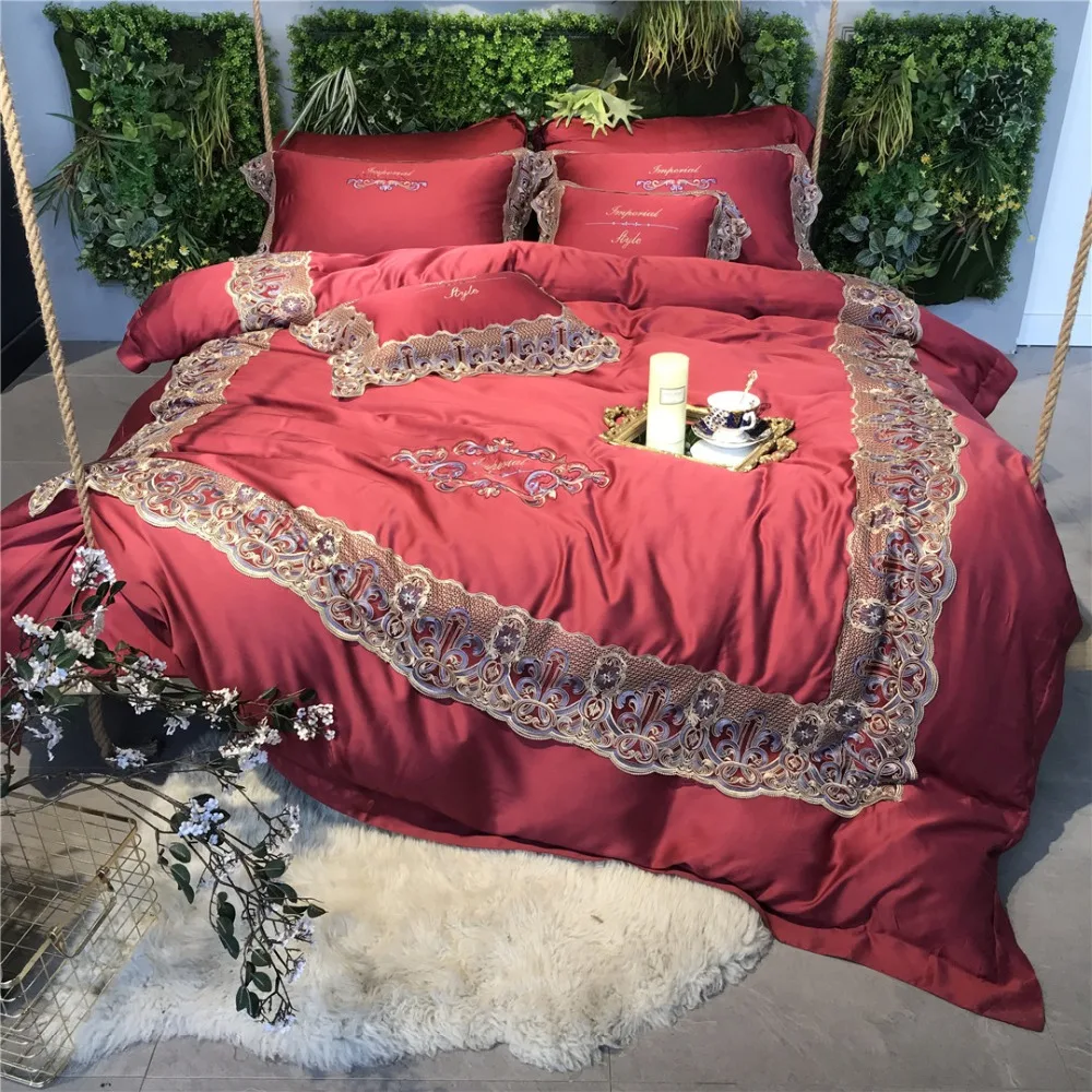 

Luxury 4pcs 120S Red Golden Lace Egyptian cotton Royal Bedding set Queen King Wedding Duvet cover Bed sheet set Pillowcase pink