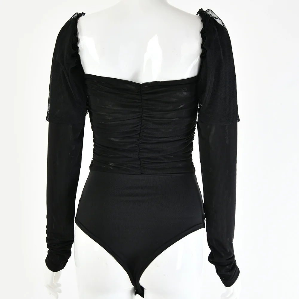 Женский облегающий боди FHTEX черный квадратный воротник с рукавами фонариками