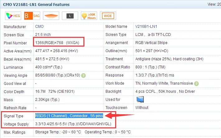 Для V216B1 LN1 ЖК дисплей с 55 шпильки RSDS (1 канал) Wi Fi Разъем 1366x768 светодиодный Панель
