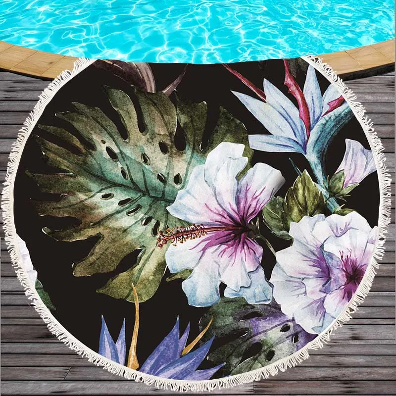 with tassel super fine fiber printed beach towel napkin 150 cm round towelDH009 | Дом и сад