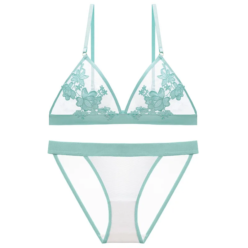 Light Green Сексуальный бюстгальтер, комплект нижнего белья, треугольная чашка, тонкая чашка, без косточек, вышитый кружевной комплект нижнего белья и трусики, прозрачный бюстгальтер - Color: Light Green