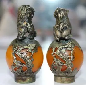 Old Tibet Silver Hand Carved yellow jade Dragon Phoenix Ball Lion Statue Pair Collectible Handwork copper Bronze | Дом и сад