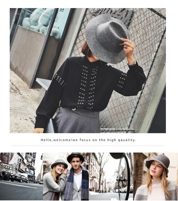 Winter Vintage Fedora Hat Women Thick Cashmere Hats polyester Felt Crushable Wide Brim Floppy Cap Retro Wool Top Hats