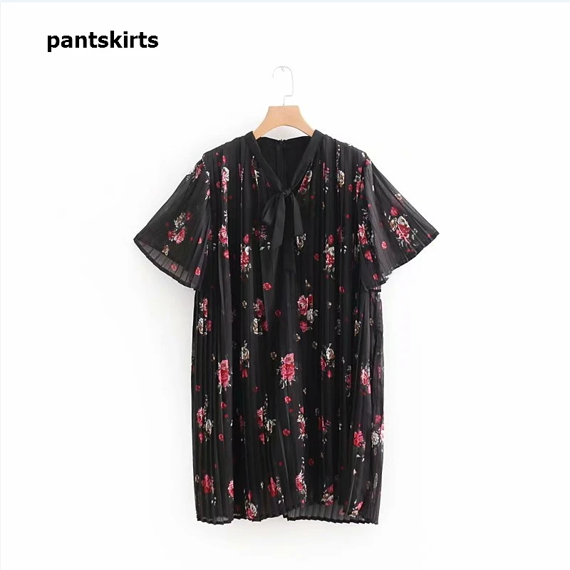 2018 women vintage short sleeve floral print pleated mini dress female bowknot decoration vestidos high street wear DS1148 | Женская