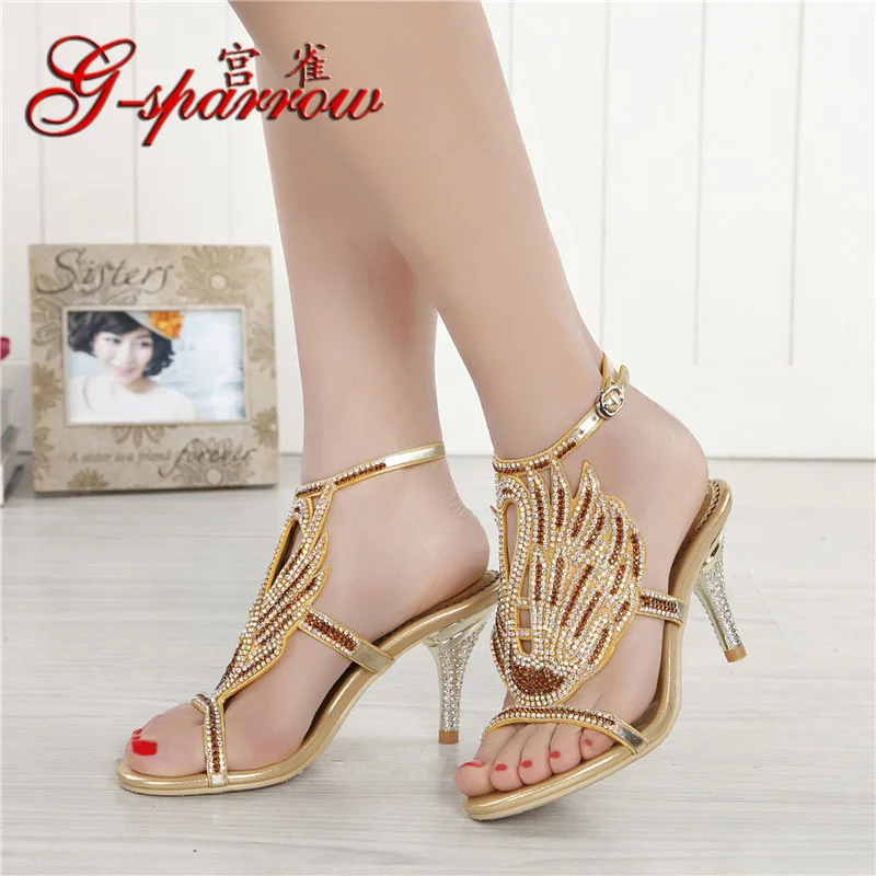 

G-sparrow 2018 Sexy Korean Crystal Rhinestone Sandals Summer Stiletto High Heel Diamond Female Luxury Shoes Gold