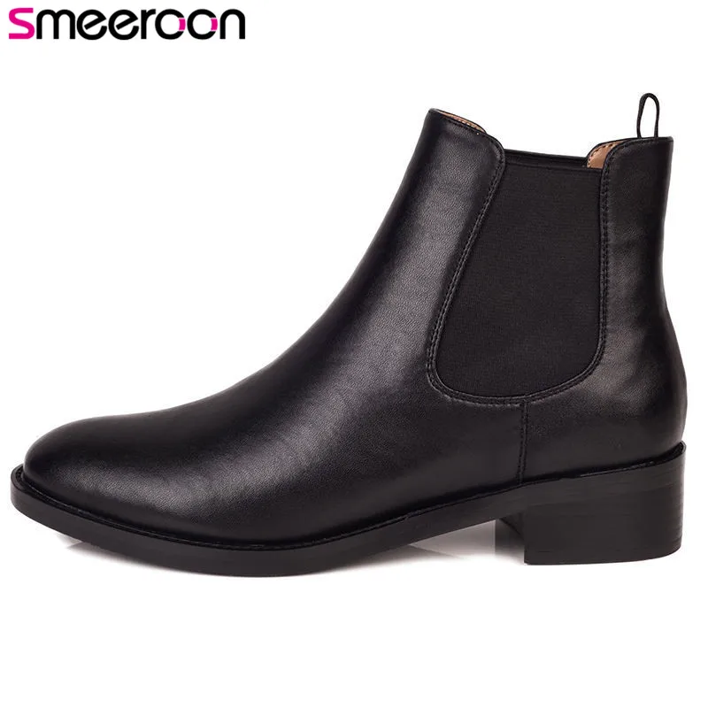 

Smeeroon new cow genuine leather boots round toe ankle boots for women autumn winter boots med heels party shoes black