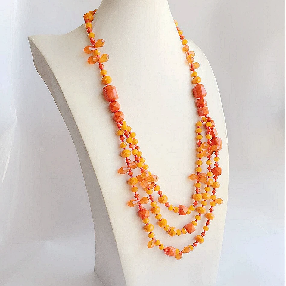 Оранжевое многослойное ожерелье из бисера длинное массивное подвеска ювелирное