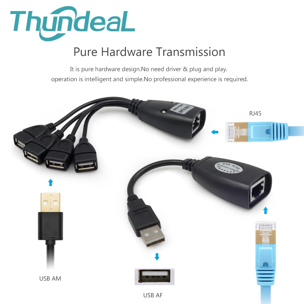 2.0 USB Extension Using CAT5/5E/6 1Set 4USB Port Extender Adapter Up To 45meter 150FT TO RJ45 Packing Single Ethernet Cable |
