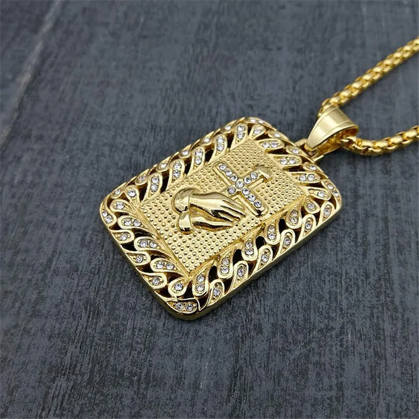 Хип хоп ледяной Bling квадрат Молитва Руки Крест Подвески Ожерелья золотой цвет