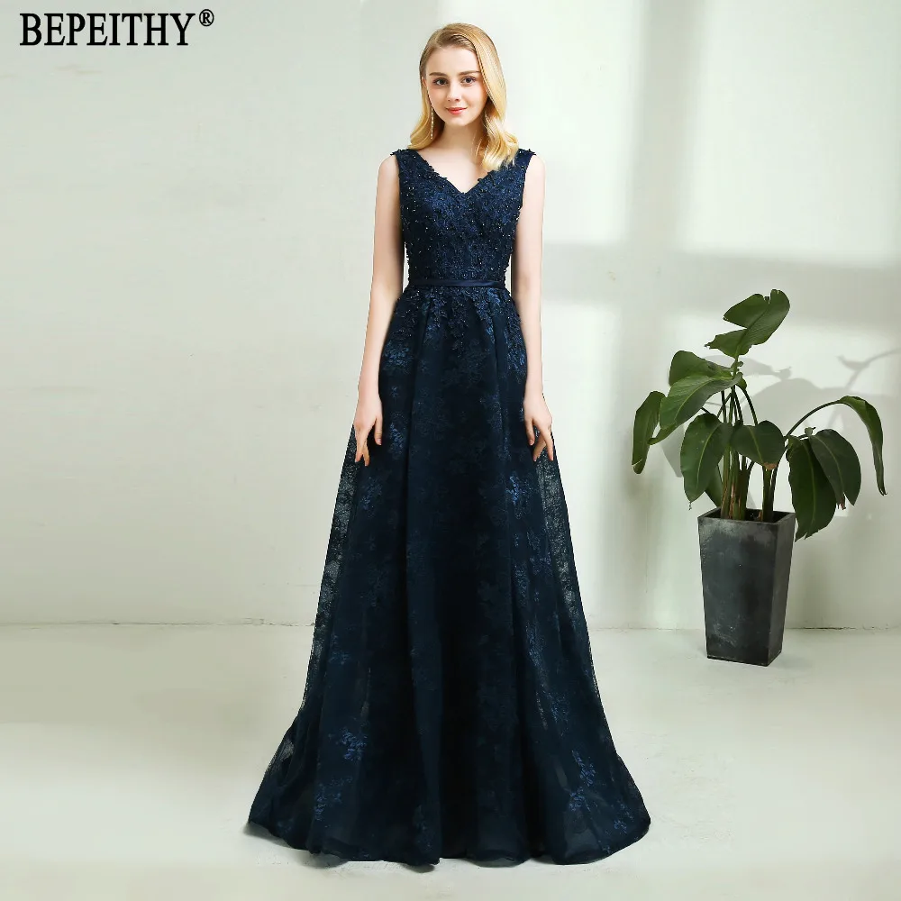 BEPEITHY vestido de festa Новое поступление V образным вырезом темно-синее Кружево Платья на выпускной с бусинами ремень Длинные вечерние платья