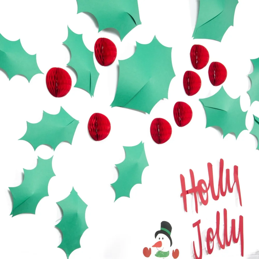 Christmas Stickers Decoration Holly Jolly Green Mistletoe Leaves 3D Wall Red Honeycomb Balls Ornaments DIY Party Crafts | Дом и сад