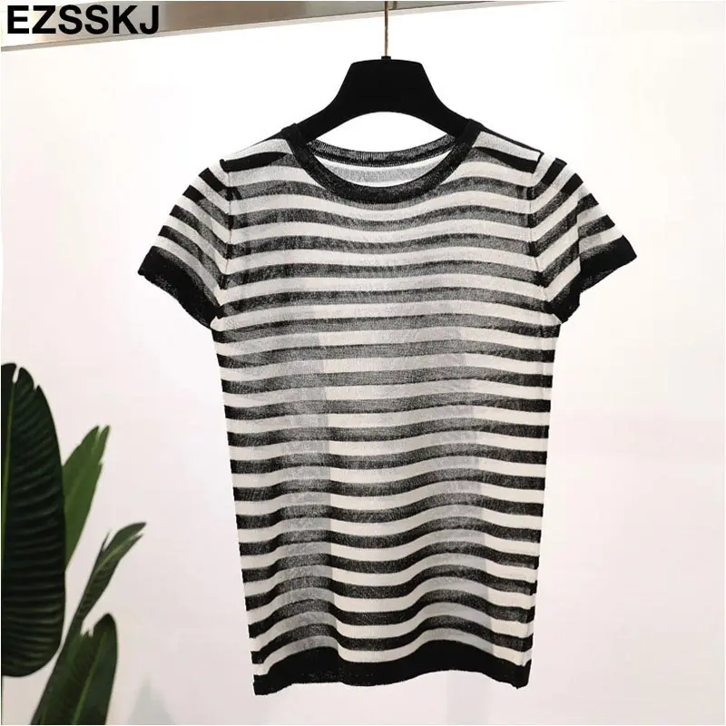 Синий thin summer striped knit t-shirt Women short sleeve T-Shirt bling O-neck cool Glitter Basic t-shirt sexy shiny top - Цвет: Синий