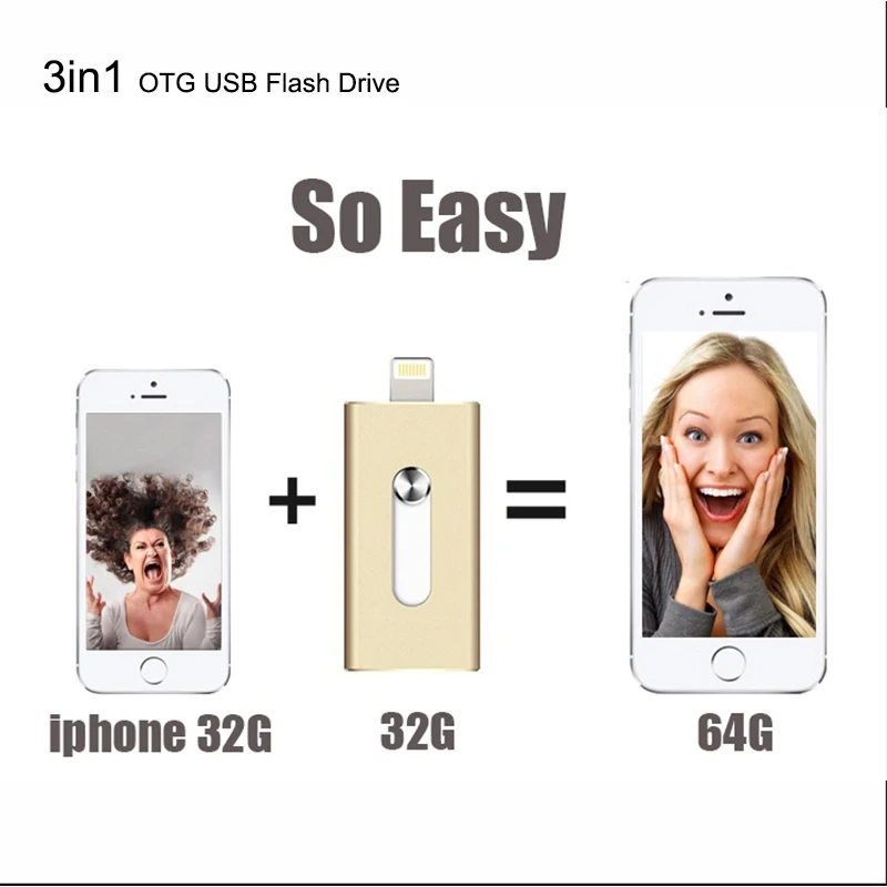 3in1 OTG USB Flash Drive 8GB 16GB 32GB 64GB 128GB Pen drive For iphone 8 7 Plus 6 6s 5S ipad storage memory stick Pendrive | Компьютеры и