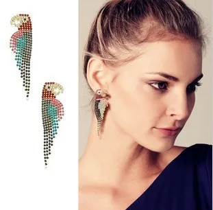 Exaggerated Jewelry Retro Color Luxury Full Rhinestone Parrot Earrings for Women Crystal Tassel Stud Earring Accessories | Украшения и