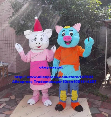 Glad White BluePig Lovers Hog Couples Sweethearts Spouse Mascot Costume Cartoon Character Mascotte Rose-red Hat Pink Skirt ZZ470 |