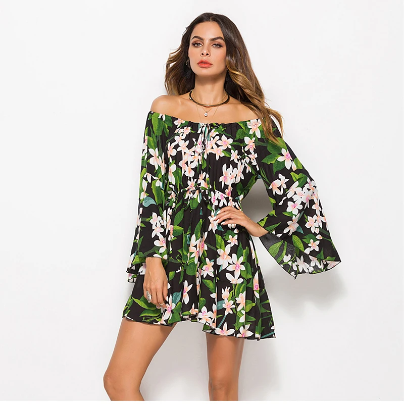 Лето Boho пляж цветочные Сексуальная Мини женское платье с открытыми плечами