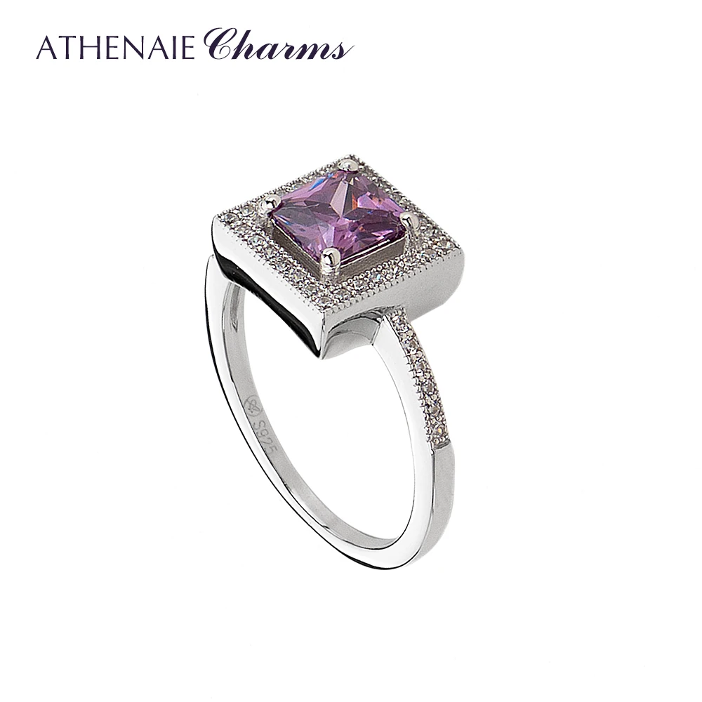 ATHENAIE, 925 пробы, серебряное, нестареющее, элегантное кольцо с фиолетовым CZ квадратным кольцом для женщин, свадебный подарок
