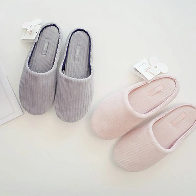 Simple vertical stripe comfortable winter indoor floor bedroom women slippers female rubber bottom household adult girl shoes | Обувь