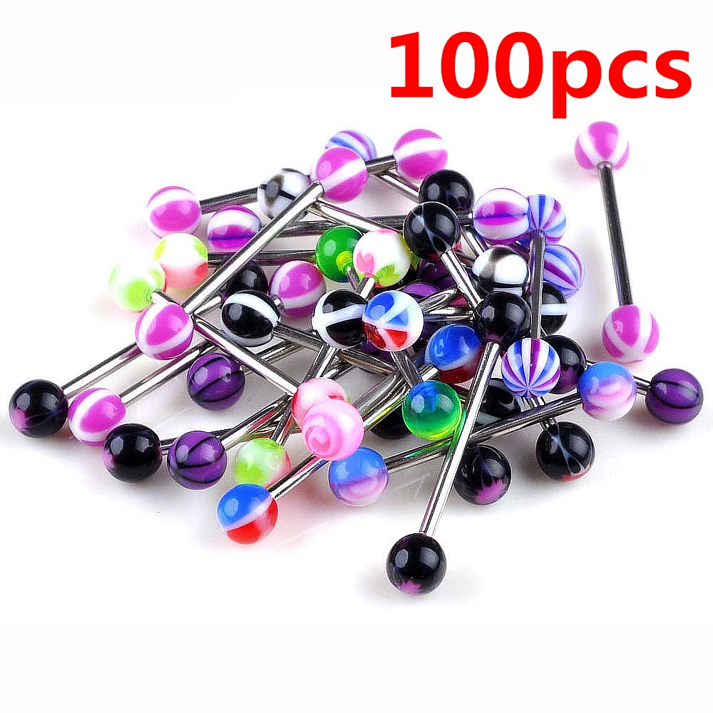 100pcs/Lot Mixed Ball Tongue Ring Navel Nipple Barbell Rings Bars Body Jewelry Piercing | Украшения и аксессуары