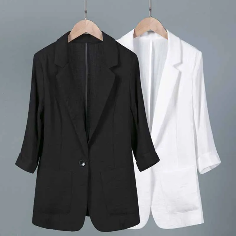 

Fashion Summer Suit Women Cotton linen Notched Collar Thin Blazers Jackets Three Quarter Sleeve Short Outerwear Casual Top G274