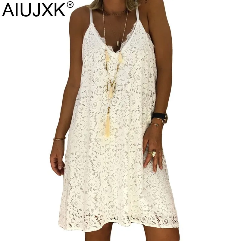 AIUJXK Summer Sleeveless White Lace Dress Women Spaghetti Strap Plus Size 5XL Casual Beach Ladies V Neck Vintage Dresses | Женская