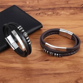Geometrically Irregular Graphics Stainless Steel Genuine Leather Bracelet 6