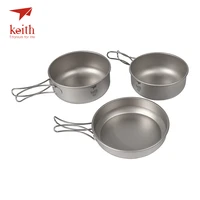 keith 3pcs titanium pans bowls set with folding handle cook sets titanium pot set camping hiking picnic cookware utensils ti6053